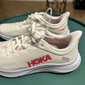 Hoka One One White and Coral Sneakers